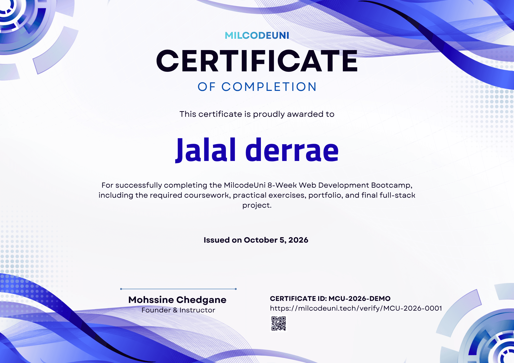MilcodeUni Certificate of Completion preview.
